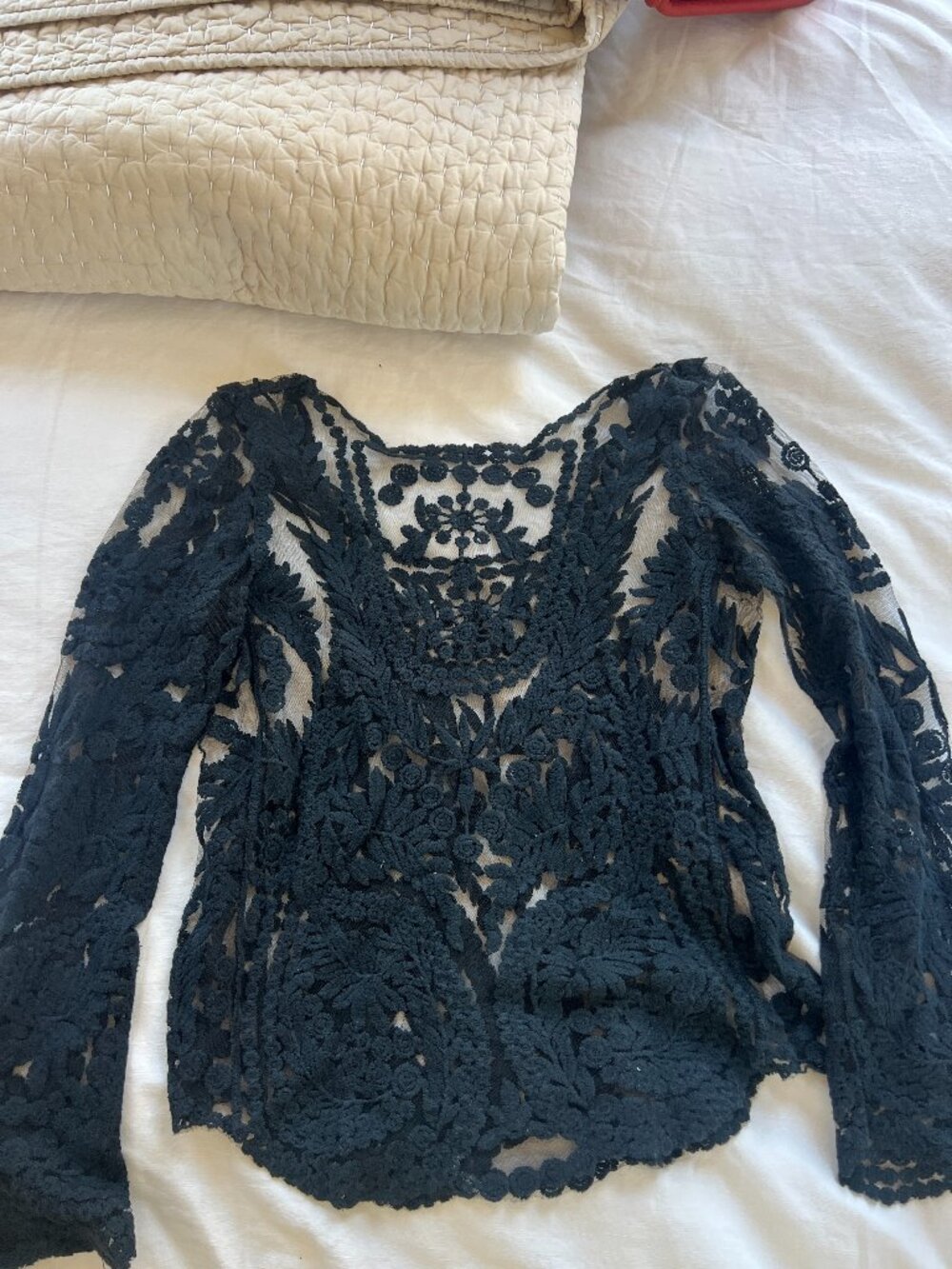 Vintage Black Sheer Lace Embroidered Top Blouse Long Sleeve